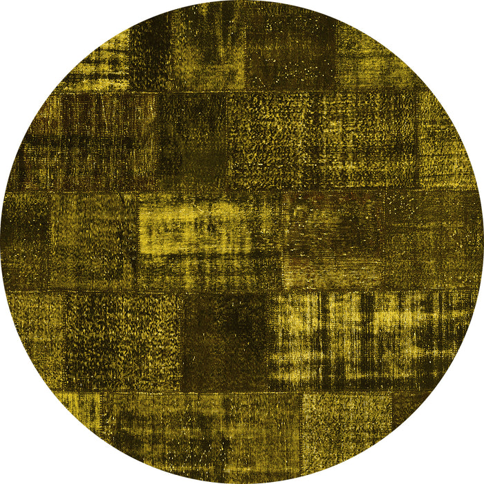 Round Machine Washable Patchwork Yellow Transitional Rug, wshcon2692yw