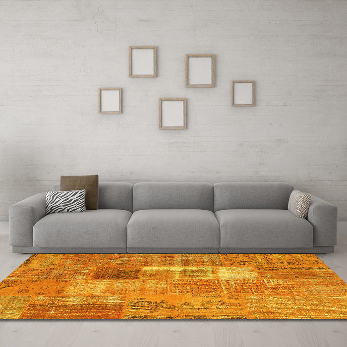Machine Washable Patchwork Yellow Transitional Rug in a Living Room, wshcon2694yw