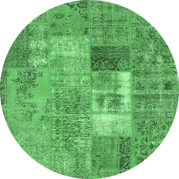 Round Machine Washable Patchwork Emerald Green Transitional Area Rugs, wshcon2694emgrn