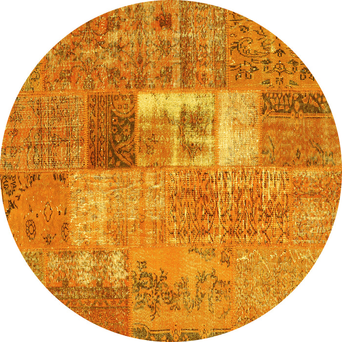Round Machine Washable Patchwork Yellow Transitional Rug, wshcon2694yw
