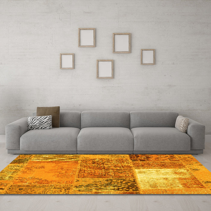 Machine Washable Patchwork Yellow Transitional Rug in a Living Room, wshcon2695yw