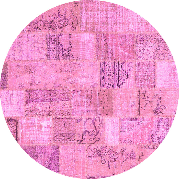 Round Machine Washable Patchwork Pink Transitional Rug, wshcon2696pnk