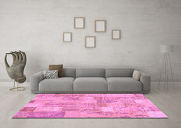 Machine Washable Patchwork Pink Transitional Rug in a Living Room, wshcon2696pnk
