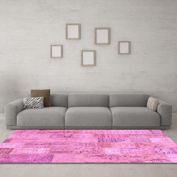 Machine Washable Patchwork Pink Transitional Rug in a Living Room, wshcon2696pnk