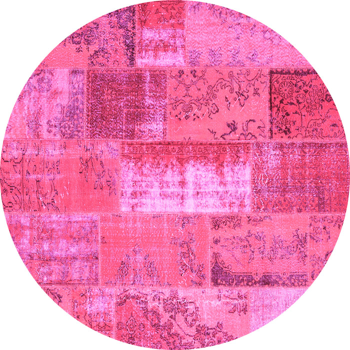 Round Machine Washable Patchwork Pink Transitional Rug, wshcon2697pnk