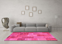Machine Washable Patchwork Pink Transitional Rug in a Living Room, wshcon2698pnk