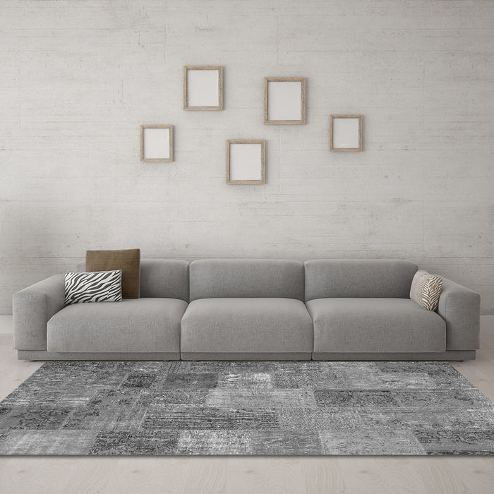 Machine Washable Patchwork Gray Transitional Rug in a Living Room,, wshcon2698gry