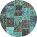 Round Machine Washable Patchwork Light Blue Transitional Rug, wshcon2699lblu