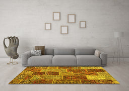 Machine Washable Patchwork Yellow Transitional Rug in a Living Room, wshcon2699yw