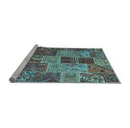 Sideview of Machine Washable Patchwork Light Blue Transitional Rug, wshcon2699lblu