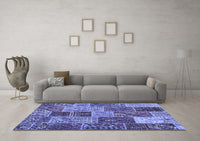 Machine Washable Patchwork Blue Transitional Rug, wshcon2699blu