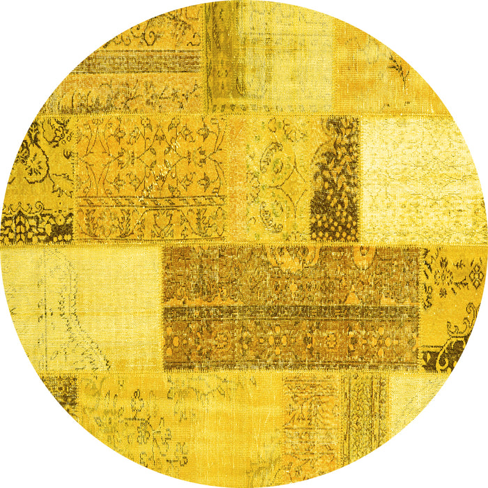 Round Machine Washable Patchwork Yellow Transitional Rug, wshcon2700yw
