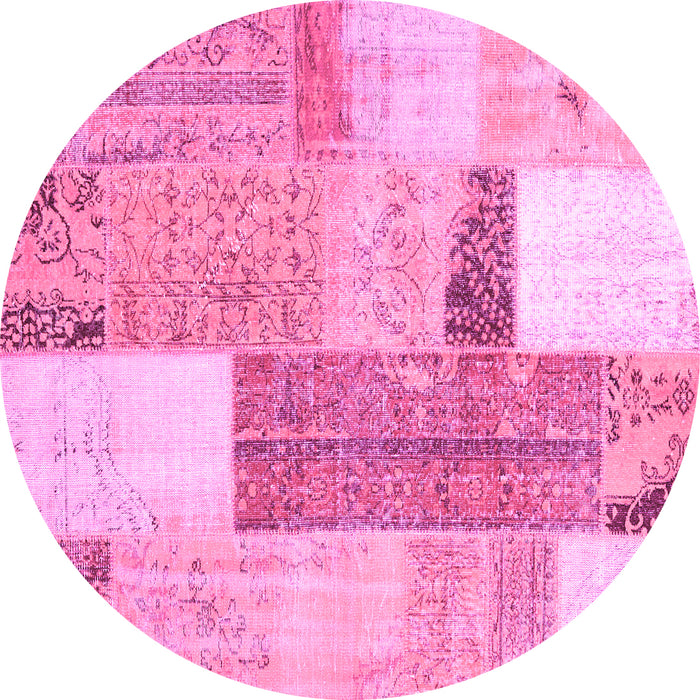 Round Machine Washable Patchwork Pink Transitional Rug, wshcon2700pnk