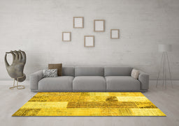 Machine Washable Patchwork Yellow Transitional Rug in a Living Room, wshcon2700yw