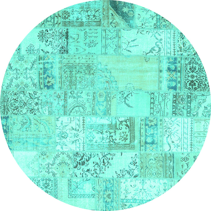 Round Machine Washable Patchwork Turquoise Transitional Area Rugs, wshcon2701turq