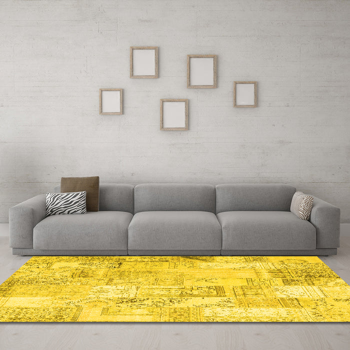 Machine Washable Patchwork Yellow Transitional Rug in a Living Room, wshcon2701yw