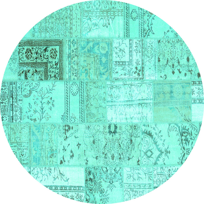 Round Machine Washable Patchwork Turquoise Transitional Area Rugs, wshcon2702turq