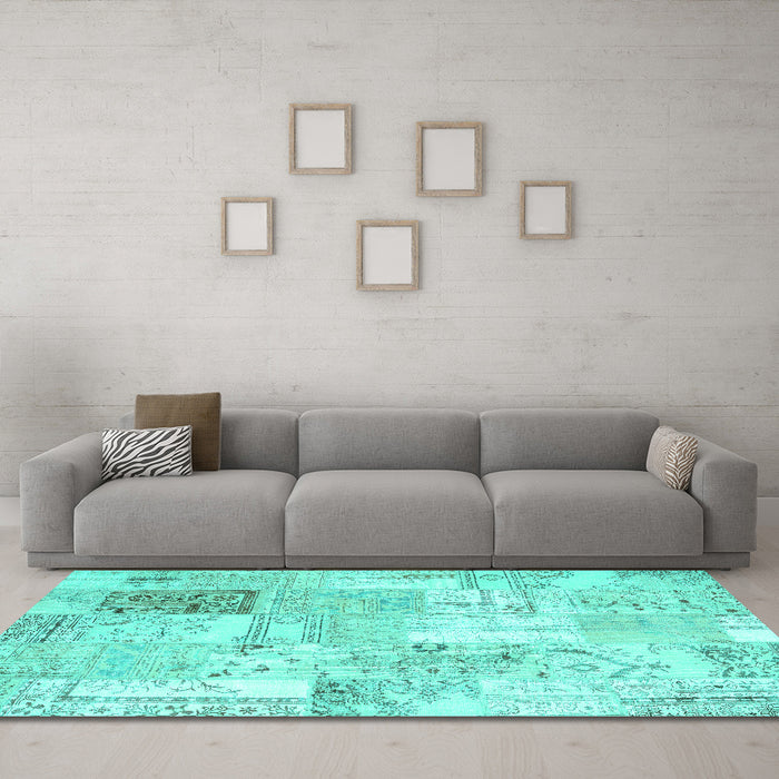 Machine Washable Patchwork Turquoise Transitional Area Rugs in a Living Room,, wshcon2702turq