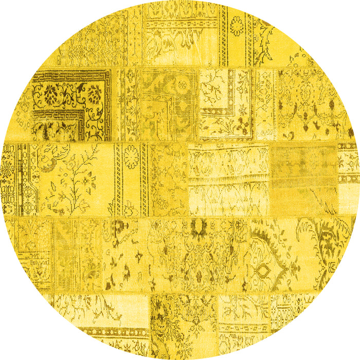 Round Machine Washable Patchwork Yellow Transitional Rug, wshcon2702yw