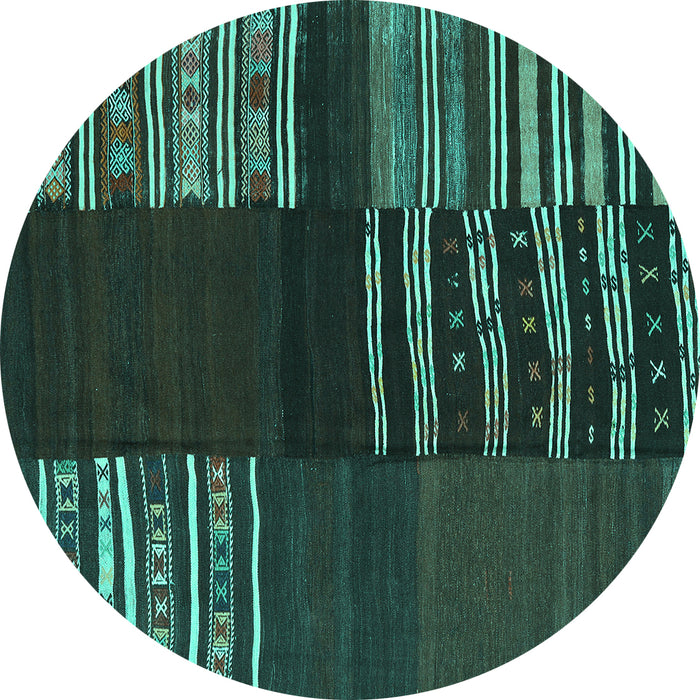 Round Machine Washable Southwestern Turquoise Country Area Rugs, wshcon2704turq