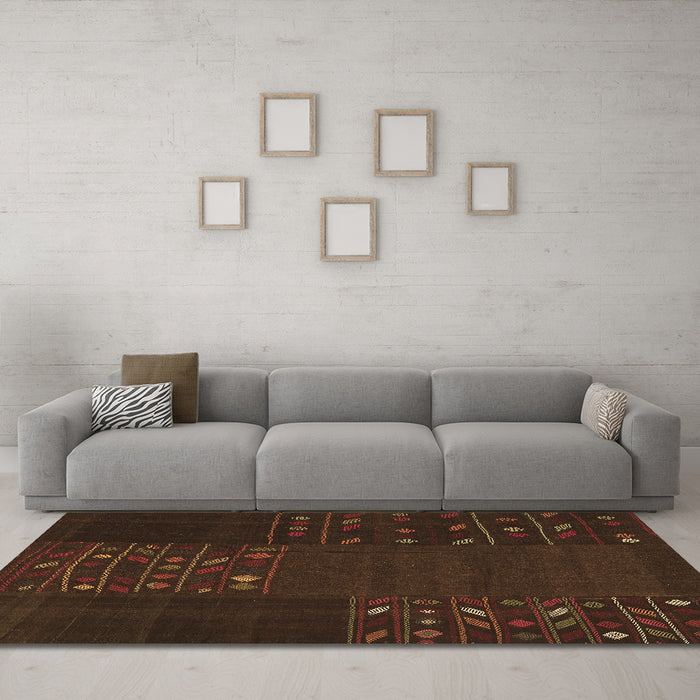Machine Washable Patchwork Brown Transitional Rug in a Living Room,, wshcon2705brn