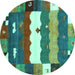 Round Machine Washable Abstract Turquoise Contemporary Area Rugs, wshcon2707turq