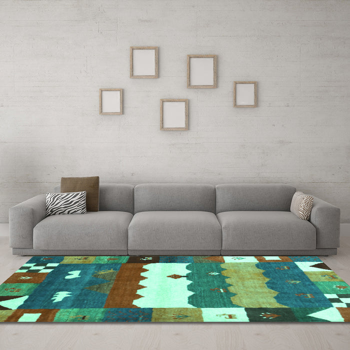 Machine Washable Abstract Turquoise Contemporary Area Rugs in a Living Room,, wshcon2707turq