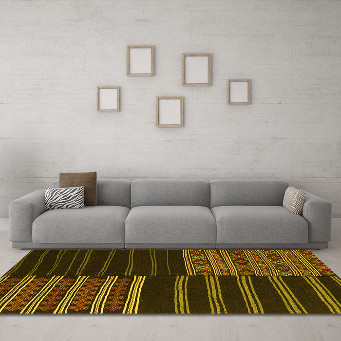 Machine Washable Patchwork Yellow Transitional Rug in a Living Room, wshcon2710yw