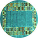 Round Machine Washable Abstract Turquoise Contemporary Area Rugs, wshcon2713turq