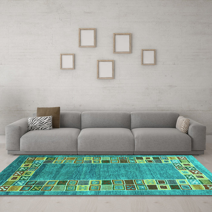 Machine Washable Abstract Turquoise Contemporary Area Rugs in a Living Room,, wshcon2713turq