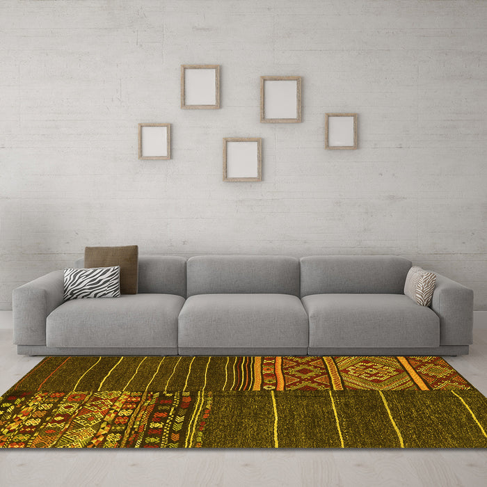Machine Washable Patchwork Yellow Transitional Rug in a Living Room, wshcon2716yw