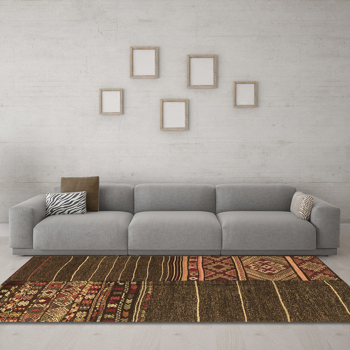 Machine Washable Patchwork Brown Transitional Rug in a Living Room,, wshcon2716brn