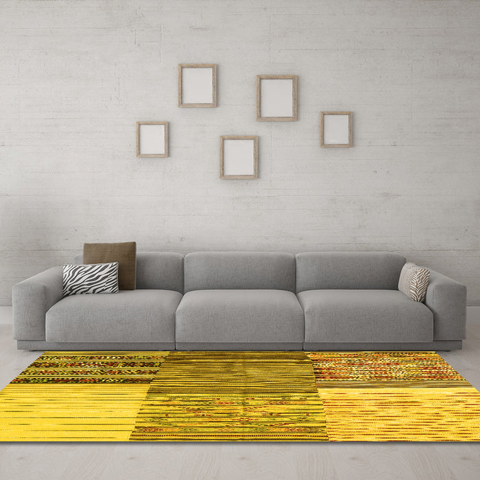 Machine Washable Patchwork Yellow Transitional Rug in a Living Room, wshcon2720yw