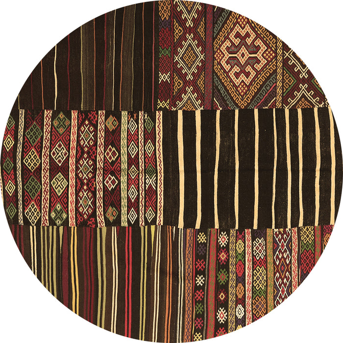 Round Machine Washable Patchwork Brown Transitional Rug, wshcon2721brn