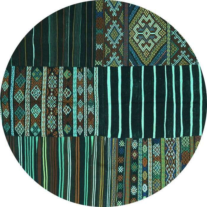 Round Machine Washable Patchwork Turquoise Transitional Area Rugs, wshcon2721turq