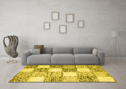 Machine Washable Checkered Yellow Modern Rug in a Living Room, wshcon2735yw