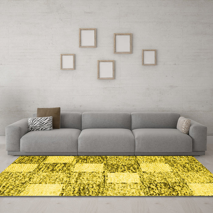 Machine Washable Checkered Yellow Modern Rug in a Living Room, wshcon2735yw