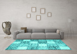 Machine Washable Checkered Turquoise Modern Area Rugs in a Living Room,, wshcon2735turq