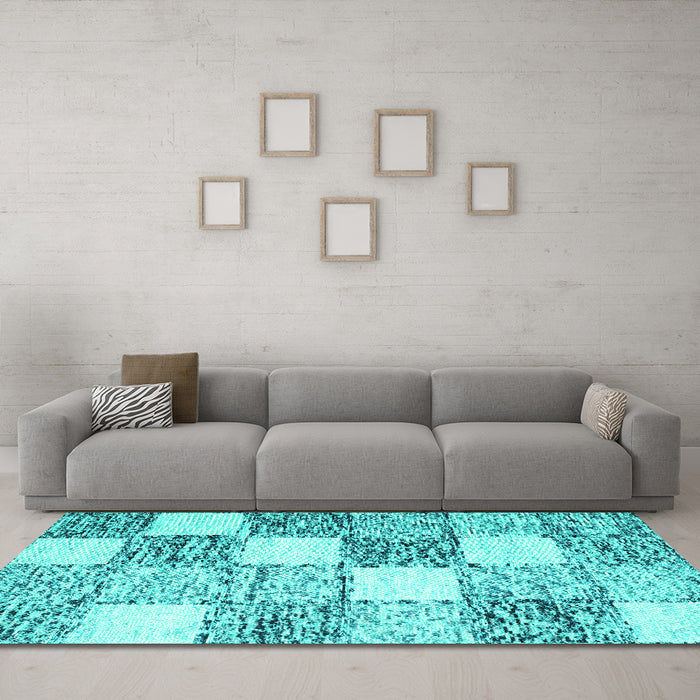 Machine Washable Checkered Turquoise Modern Area Rugs in a Living Room,, wshcon2735turq