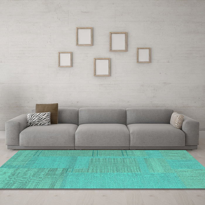 Machine Washable Abstract Turquoise Contemporary Area Rugs in a Living Room,, wshcon2739turq