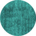 Round Machine Washable Abstract Turquoise Contemporary Area Rugs, wshcon2757turq