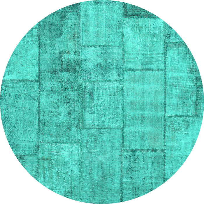 Round Machine Washable Patchwork Turquoise Transitional Area Rugs, wshcon275turq