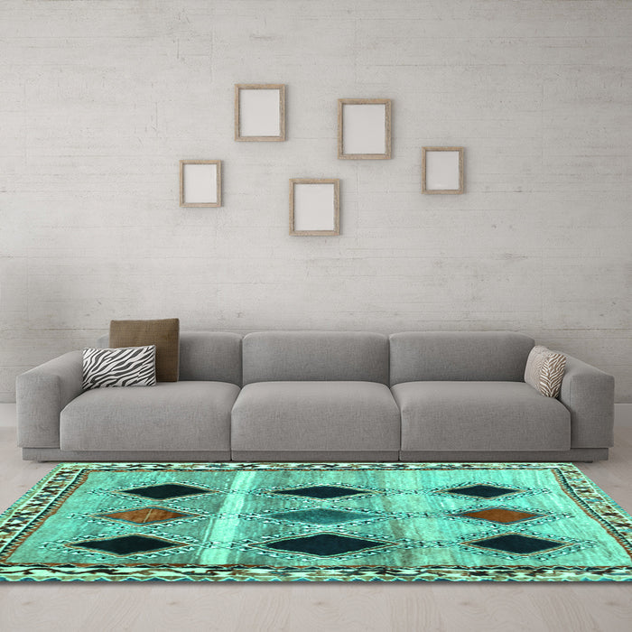 Machine Washable Abstract Turquoise Contemporary Area Rugs in a Living Room,, wshcon2789turq