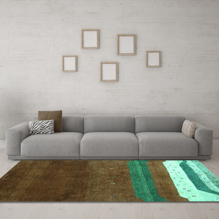Machine Washable Abstract Turquoise Contemporary Area Rugs in a Living Room,, wshcon2795turq