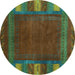 Round Machine Washable Abstract Turquoise Contemporary Area Rugs, wshcon2800turq