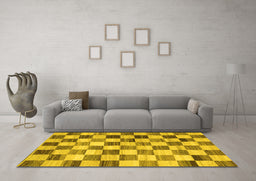 Machine Washable Checkered Yellow Modern Rug in a Living Room, wshcon2808yw