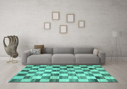 Machine Washable Checkered Turquoise Modern Area Rugs in a Living Room,, wshcon2808turq