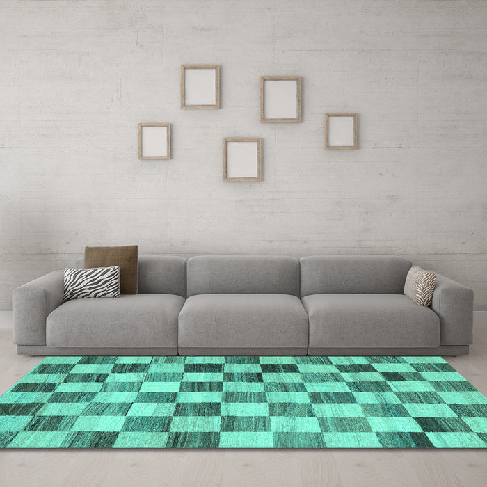 Machine Washable Checkered Turquoise Modern Area Rugs in a Living Room,, wshcon2808turq