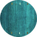 Round Machine Washable Abstract Turquoise Contemporary Area Rugs, wshcon2814turq