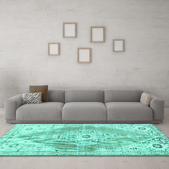 Machine Washable Abstract Turquoise Contemporary Area Rugs in a Living Room,, wshcon2821turq